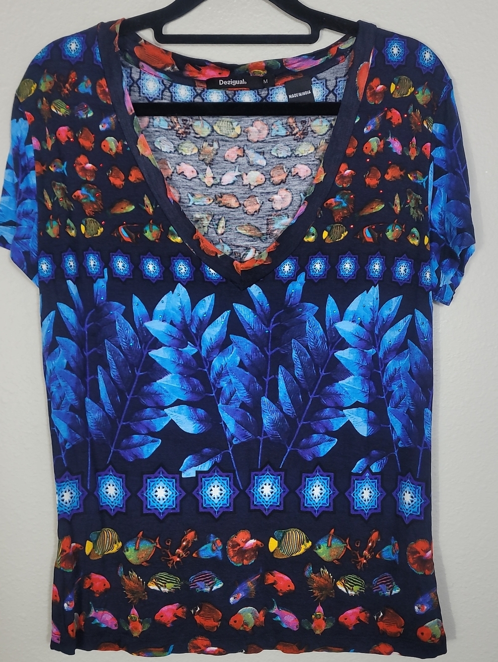 Desigual Colorful Floral Fish Rhinestone Tee Medium Y2K Wearable Art Boho